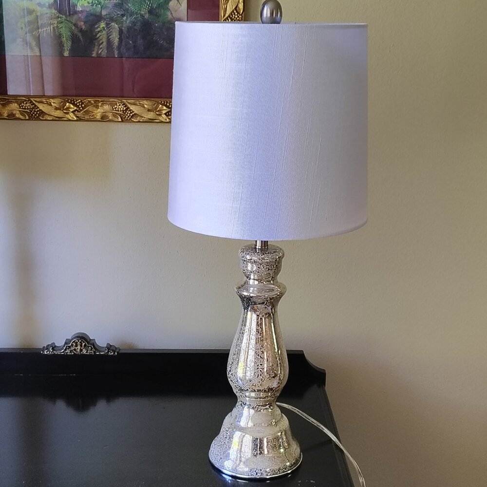 Lamp Metallic Silver Base White Shade Finial